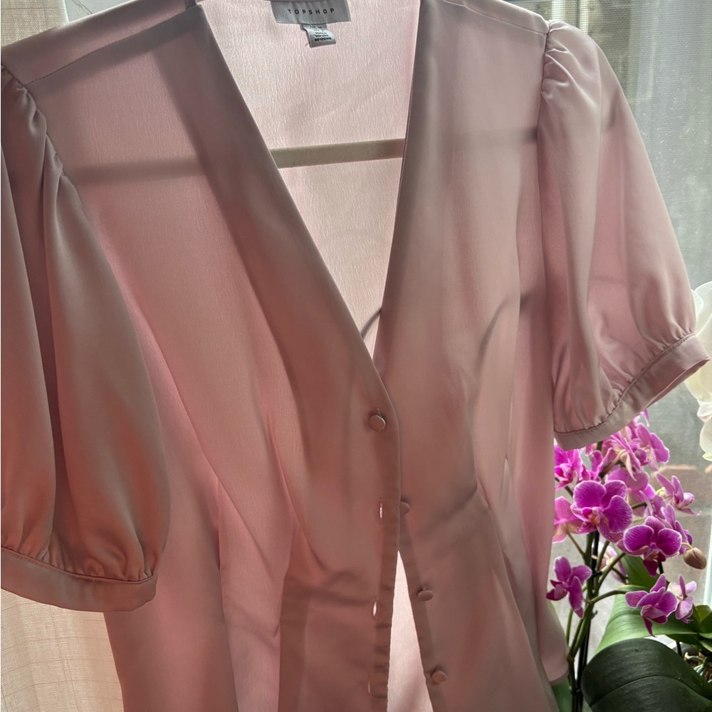 Topshop Pink Puff Sleeve Blouse with Notched Collar